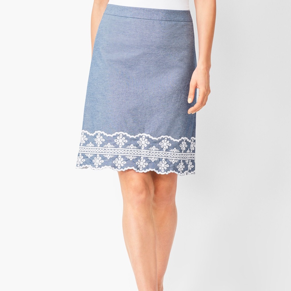 Talbots | Embroidered Chambray A-Line Skirt | size 6 Petite
